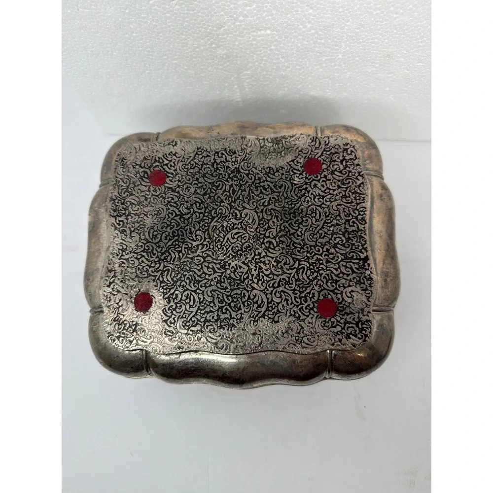 Vintage Ornate Silver Tone Repousse Jewelry Box Red Velvet Lining Floral Scroll